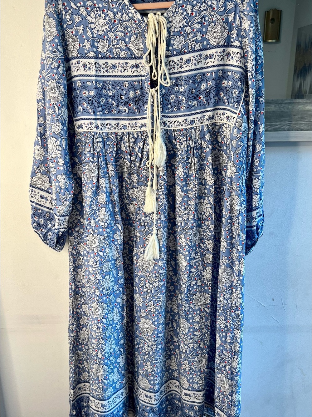 Boho Blue Floral Long-Sleeve Maxi Dress with Tassel Tie